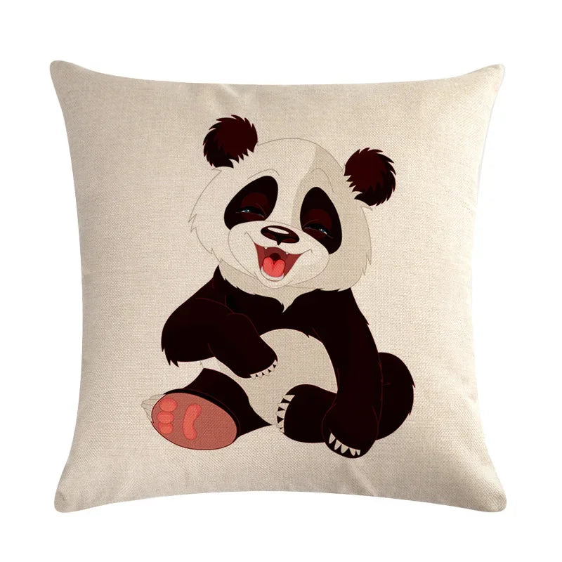 Axyaa Cartoon Panda Print Linen Pillowcase 45x45cm Square Home Sofa Decoration Cover