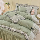 Axyaa Princess Bow Seersucker Bedding Set: Ruffle Lace Bed Skirt, Solid Duvet Cover Queen King