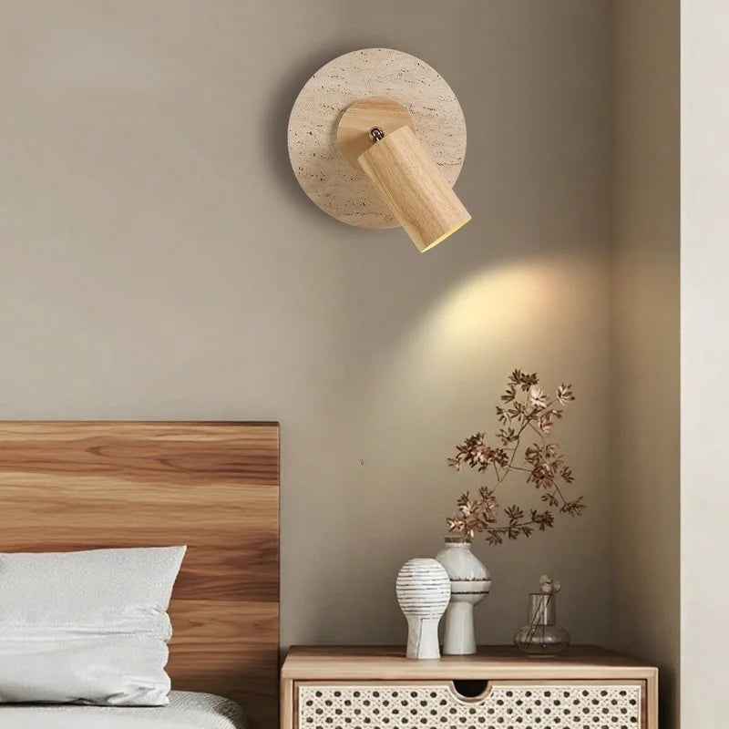 Axyaa Wabi Sabi LED Wall Lamp Yellow Travertine Wood Lampshade, Bathroom Mirror Light