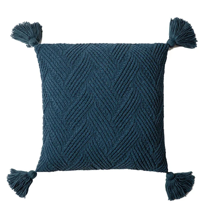 Axyaa Twill Knit Cushion Cover 45x45cm - Solid Pillow Case with Tassels
