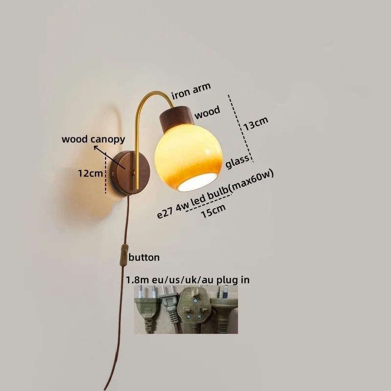 Axyaa Modern LED Wall Lamp Sconce Glass Wood Pull Chain Switch Stair Lights