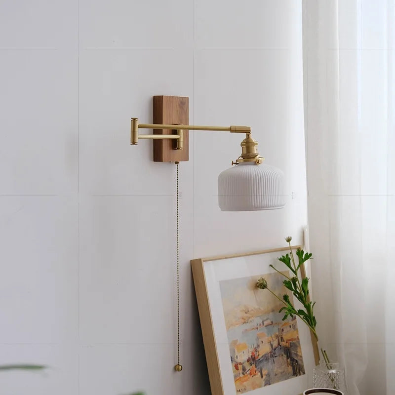Axyaa Walnut Canopy Copper LED Wall Lamp with Long Arm Rotation
