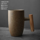 Axyaa Japanese Ceramic Latte Mug with Wooden Handle - Large Capacity Water Cup