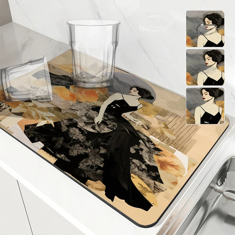 Axyaa Geometric Abstract Draining Mat: Absorbent, Anti-slip, Quick Dry Kitchen & Bathroom Pad