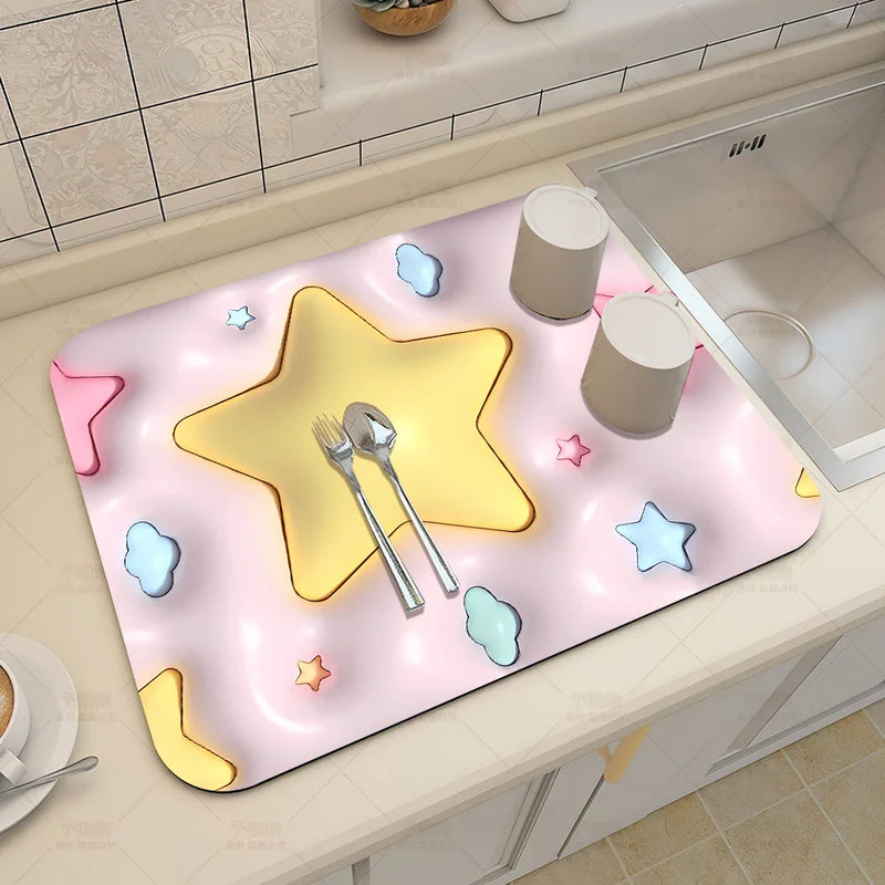Axyaa 3D Visual Effect Drain Mat - Absorbent, Non-Slip, Anti-Mildew Kitchen Tableware Mat
