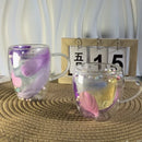 Axyaa Feather Glass Cups Set of 2 with Handles, Double Wall Design