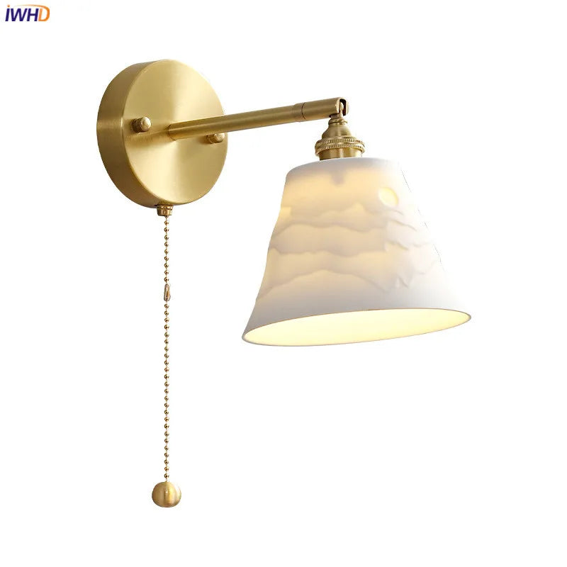 Axyaa Ceramic LED Wall Lamp with Pull Chain Switch - Modern White Black Copper Mirror Light