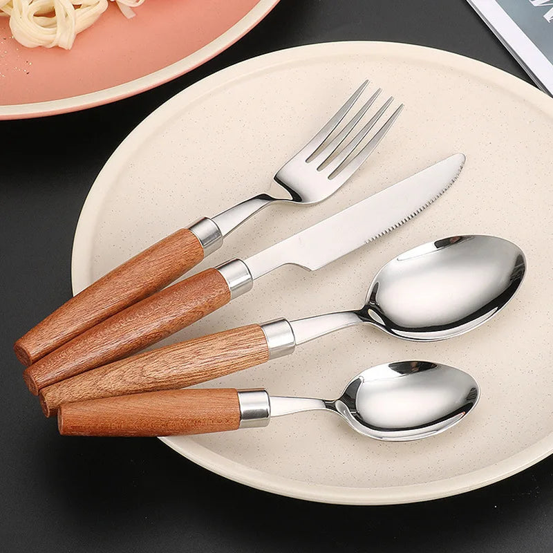 Axyaa Stainless Steel Cutlery Set with Wooden Handles
