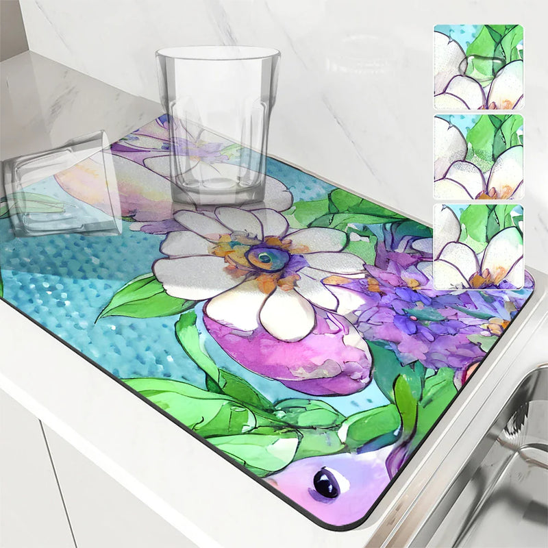 Axyaa Watercolor Plants Coffee Cup Drying Mat, Non-Slip Absorbent Kitchen Drain Mat