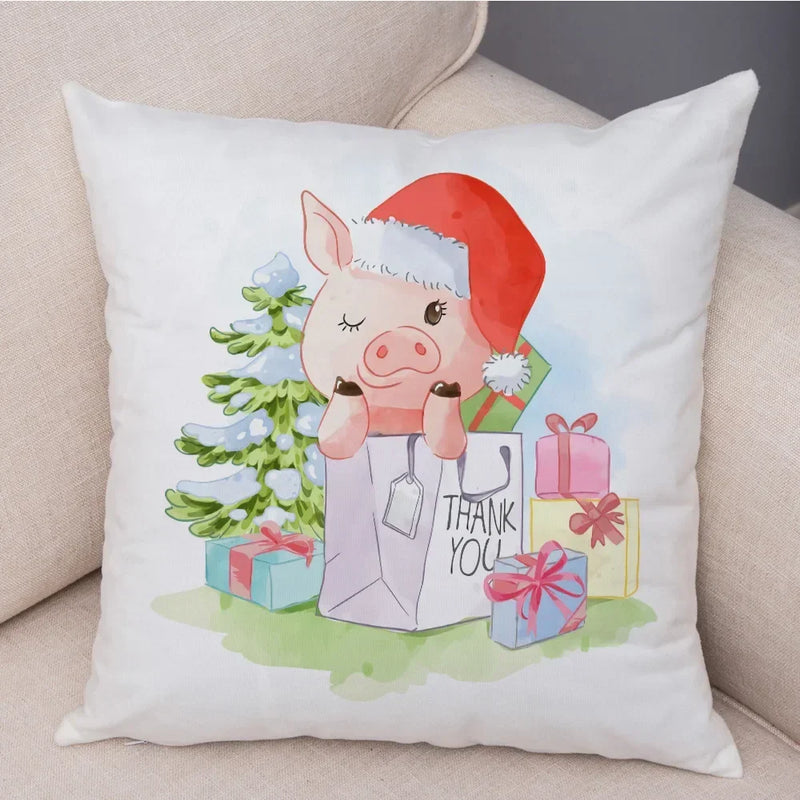 Axyaa Christmas Cartoon Animal Cushion Cover - Santa Claus Pillowcase