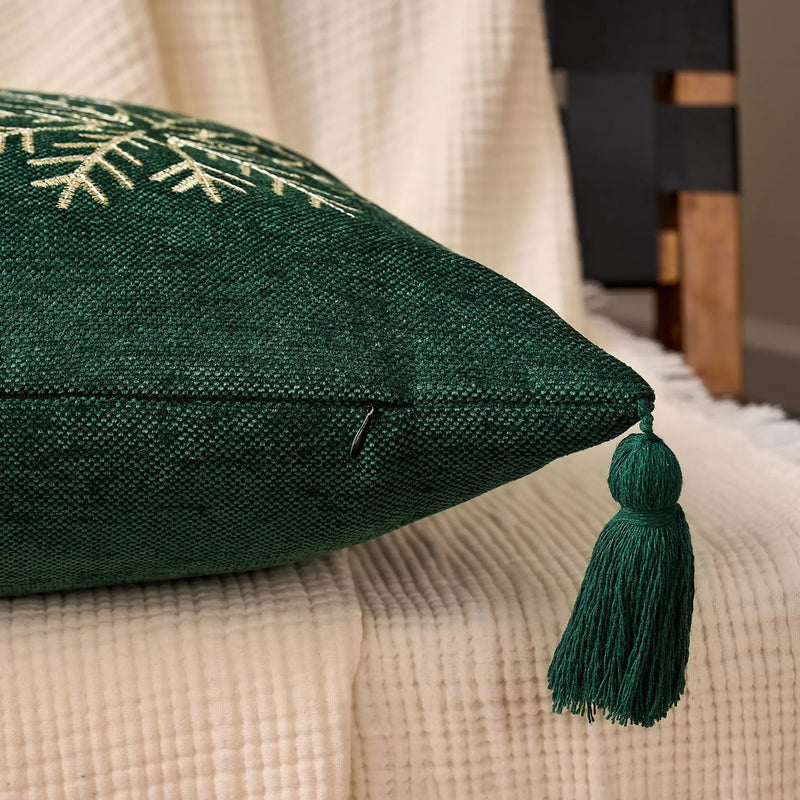 Axyaa Christmas Tree Bell Cushion Cover - Green Red Snowflakes, Pompom Balls Embroidery