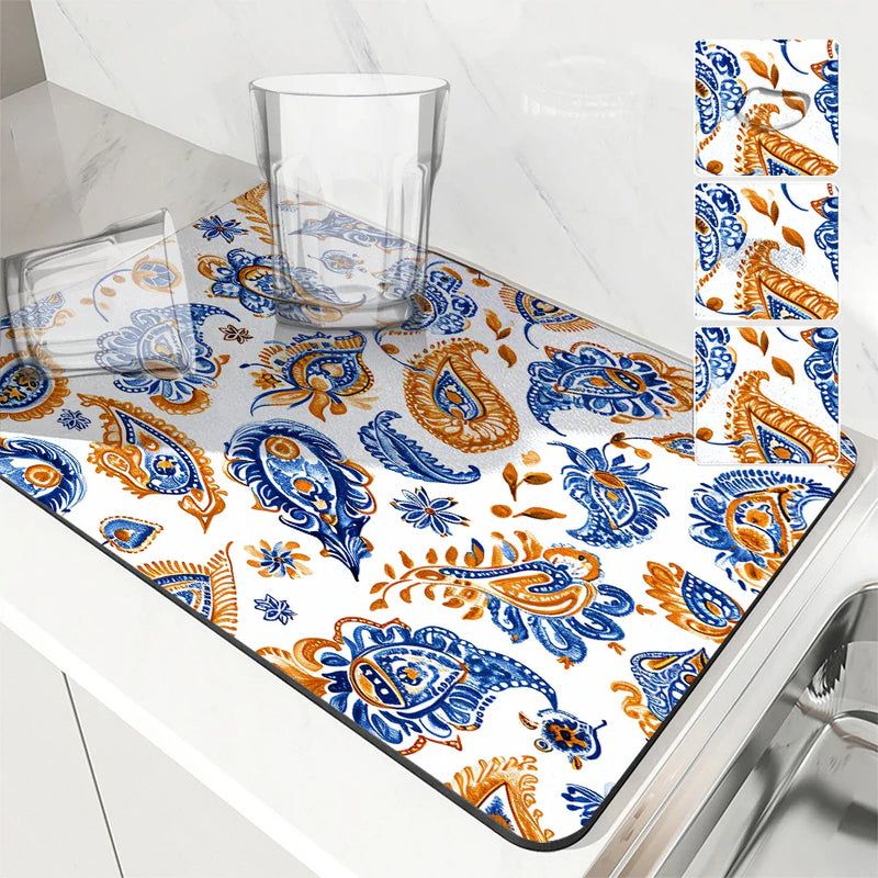 Axyaa Paisley Pattern Absorbent Dish Drying Mat with Rubber Backing