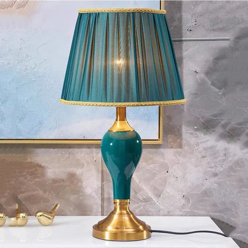 Axya Green Ceramic Table Lamp with European Cloth Cover