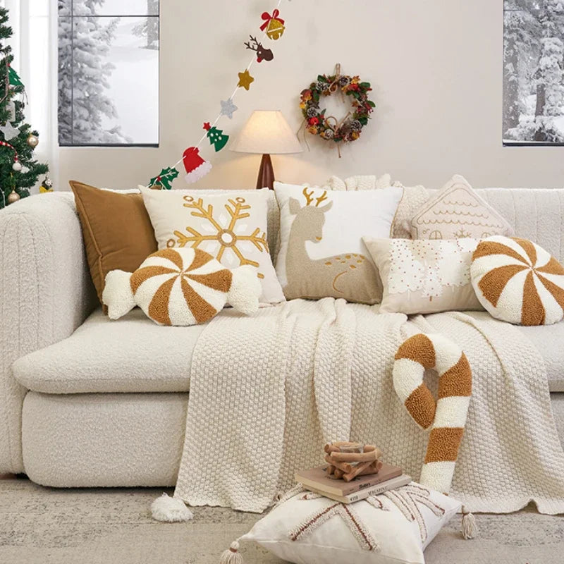 Tufted Embroidered Christmas Cushion Cover, Beige & Gold Milu Deer Design, Axyaa Brand