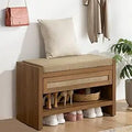 Axyaa Rattan Shoe Bench with Storage Drawer, Linen Seat, Farmhouse Boho Style