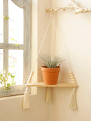 Axyaa Boho Wood Corner Shelf Display Stand Handmade Macrame Floating Shelves