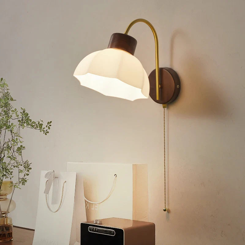 Axyaa Modern LED Wall Lamp Sconce Glass Wood Pull Chain Switch Stair Lights