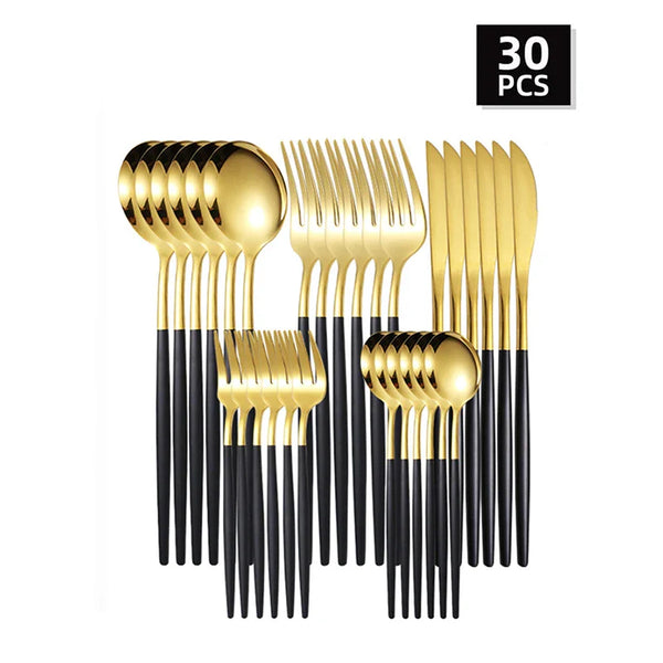 Axyaa Gold Western Tableware Set: 6pcs/30pcs Stainless Steel Knife, Fork, Spoon