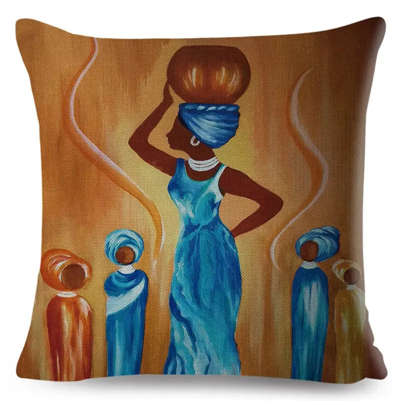 Axyaa Abstract African Woman Decorative Cotton Linen Cushion Cover