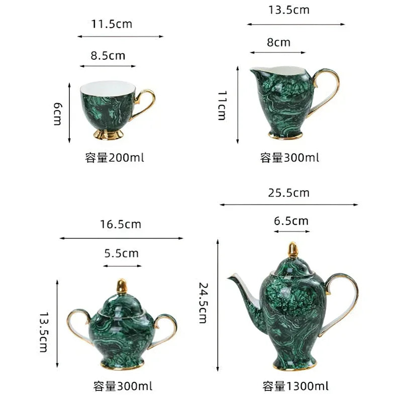 Axya Green Gold Inlay Bone Tea Set - 7 Piece Coffeeware Collection