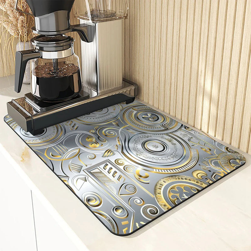 Axyaa Metallic Pattern Coffee Mat: Quick Kitchen Drying Mat for Draining Dishes & Utensils