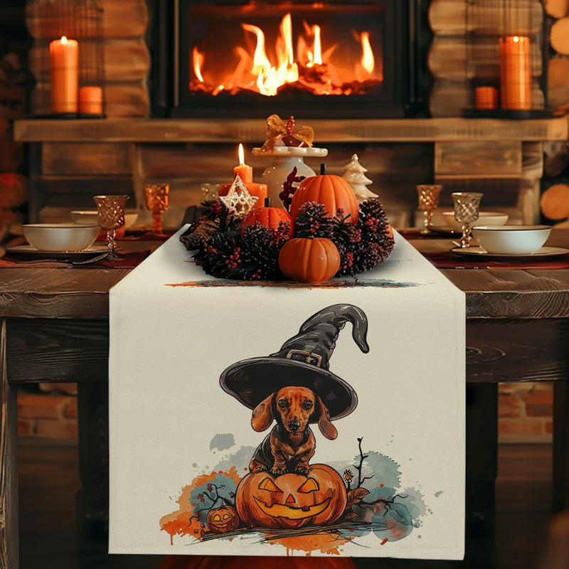 Axyaa Halloween Dog Pumpkin Head Table Runner for Farmhouse Dining