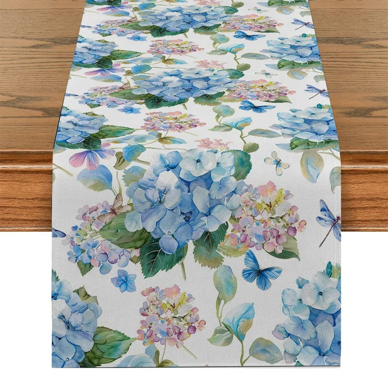 Hydrangea Dragonfly Butterfly Table Runner by Axyaa for Kitchen Dining Living Room