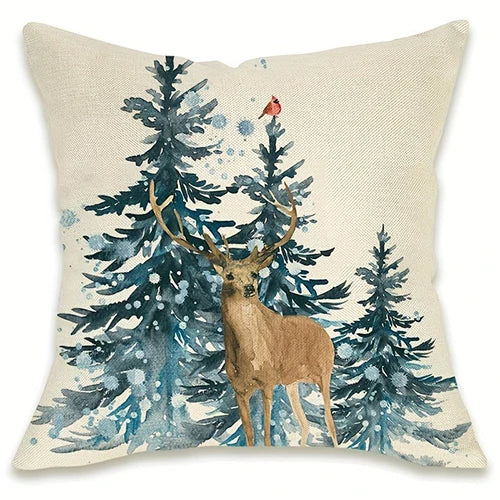 Axyaa Winter Holiday Pillowcase - Festive Elk Bear Tree Cushion Cover