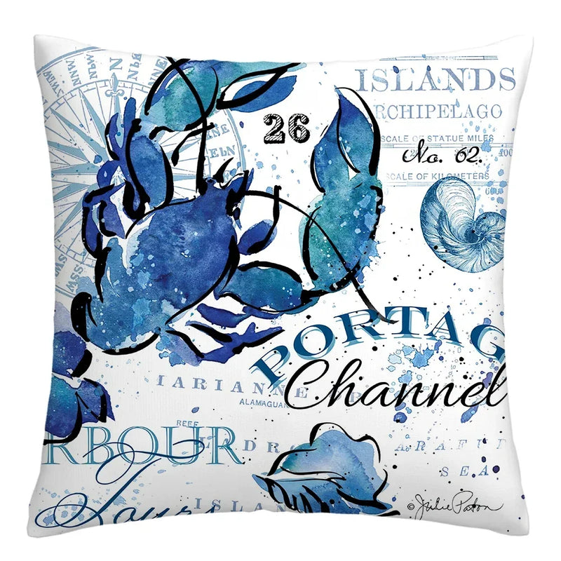 Axyaa Blue Marine Organism Pattern Polyester Cushion Cover for Home Sofa