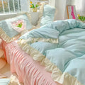 Axyaa Princess Korean Style Bedding Set, Solid Color Double Bedspread & Ruffled Duvet Cover