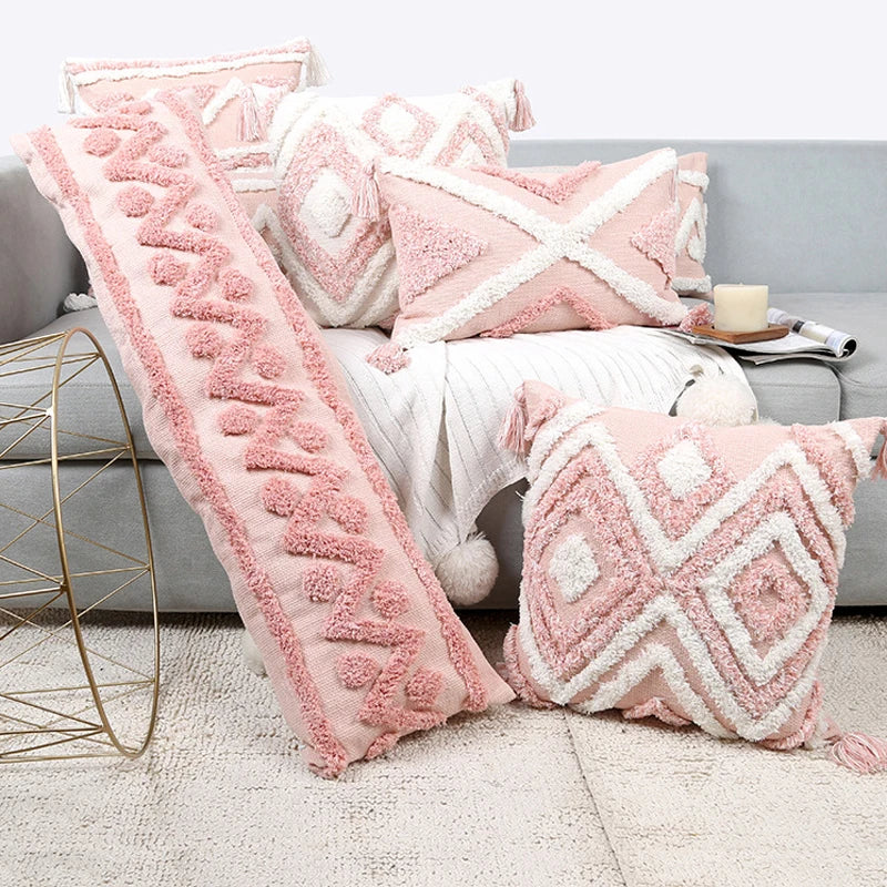 Bohemian Pink Geometric Tassel Throw Pillow Cover for Living Room Sofa by Axyaa