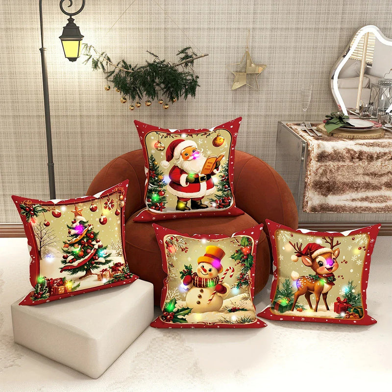 Christmas LED Luminous Pillowcase with Santa Claus Snowman Tree Design by Axyaa