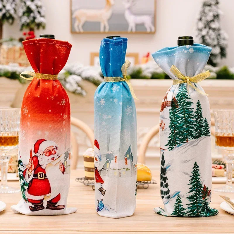 Axyaa Christmas Wine Bottle Cover - Santa Claus Snowman Elk Print - Xmas Table Decor