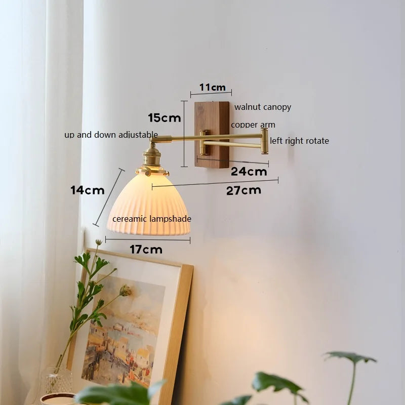 Axyaa Walnut Canopy Copper LED Wall Lamp with Long Arm Rotation