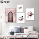 Pink Rose Flower Poster Moroccan Door Islamic Wall Art Canvas Print Axyaa Wall Decor