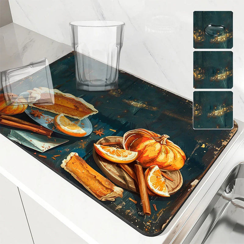 Axyaa Pumpkin Coffee Kitchen Absorbent Mat, Antiskid & Quick Drying Drain Pad