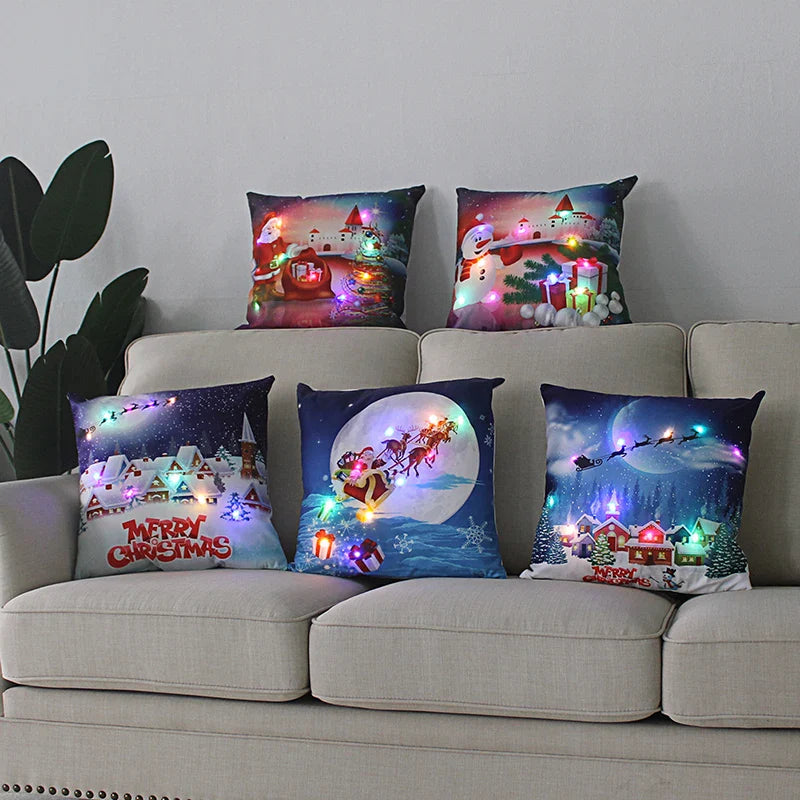 Axyaa LED Christmas Cushion Cover Merry Santa Claus Snowman Pillow Home