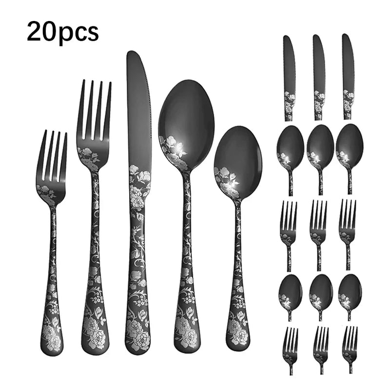 Axyaa 5pcs/20pcs Printed Stainless Steel Tableware Knife Fork Spoon Hotel Steak Set