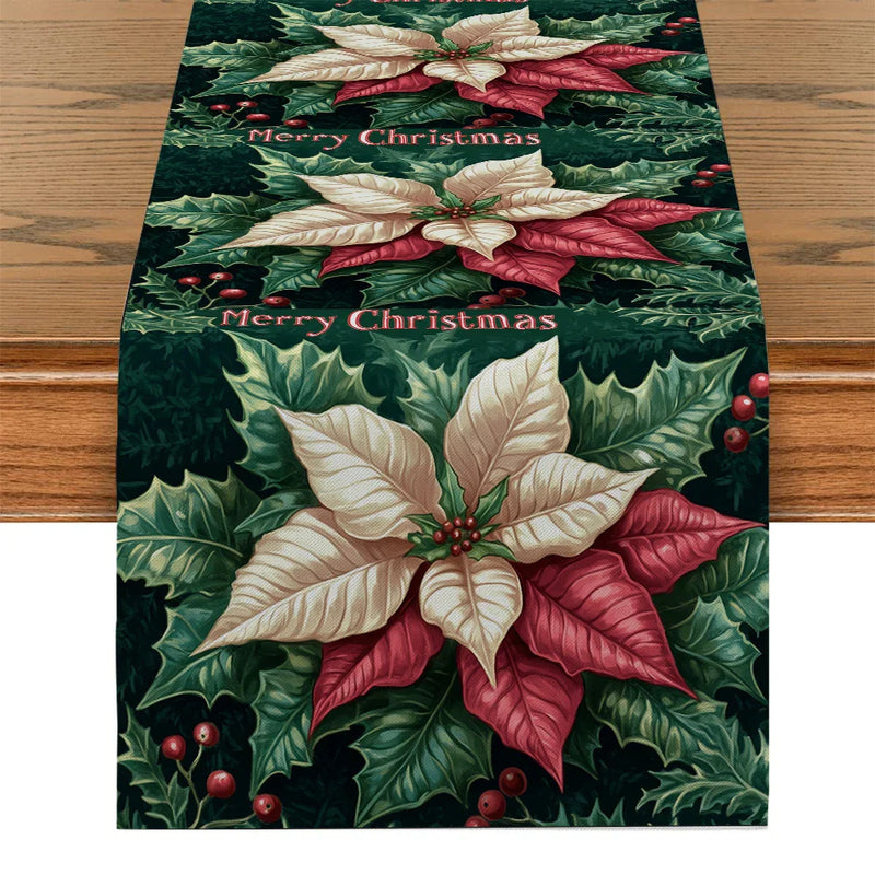 Axyaa Poinsettia Berry Snowflake Table Runner - Festive Home Decor for Dining and Parties