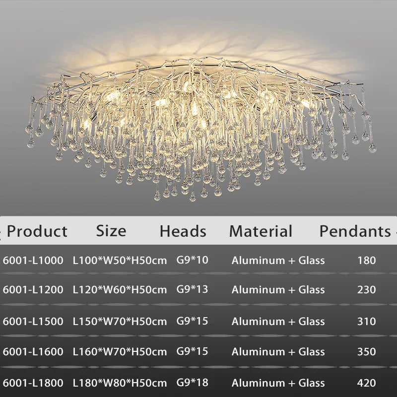 Axyaa Chrome Teardrop Crystal Ceiling Chandelier - Modern Luxury Branch Crystal Chandeliers