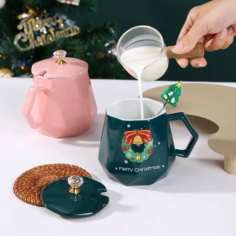 Axyaa Christmas Ceramic Mug Set with Lid and Spoon - Festive Xmas Gift Cup