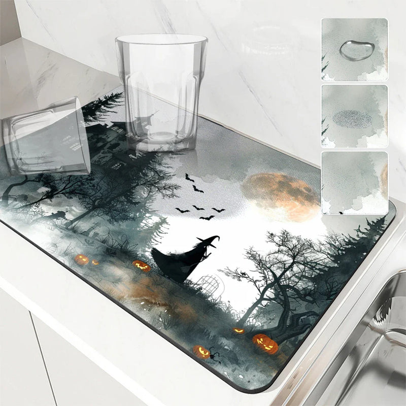 Axyaa Halloween Watercolor Draining Mat - Absorbent & Quick Dry Kitchen/Bathroom Drain Pad