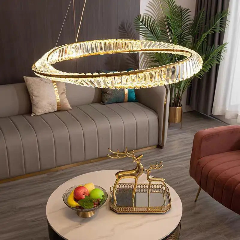 Luxury Gold K9 Crystal Pendant Lamp by Axyaa - Dimmable LED Irregular Ring