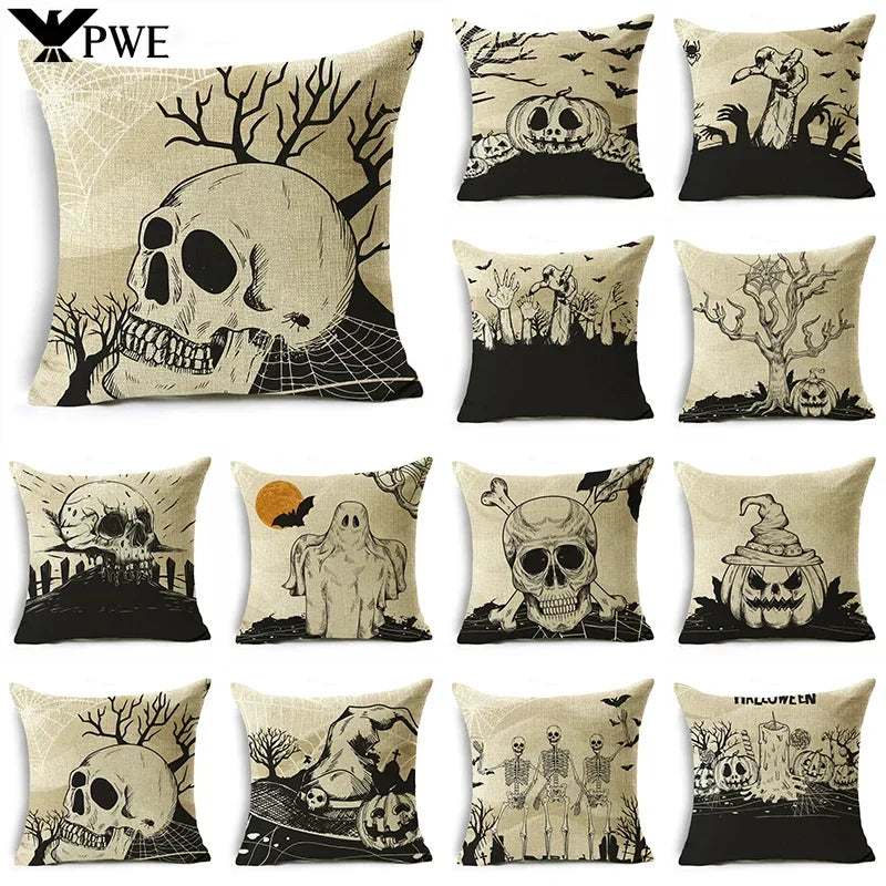 Axyaa Skull Pumpkin Printed Linen Throw Pillowcase for Living Room Party