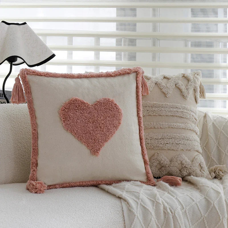 Axyaa Pink Tufted Tassel Linen Cushion Cover for Home Sofa Decor 45x45
