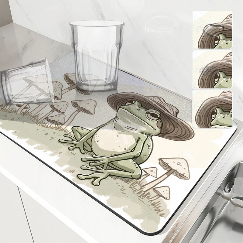 Axyaa Watercolor Frog Mushroom Kitchen Drying Mat