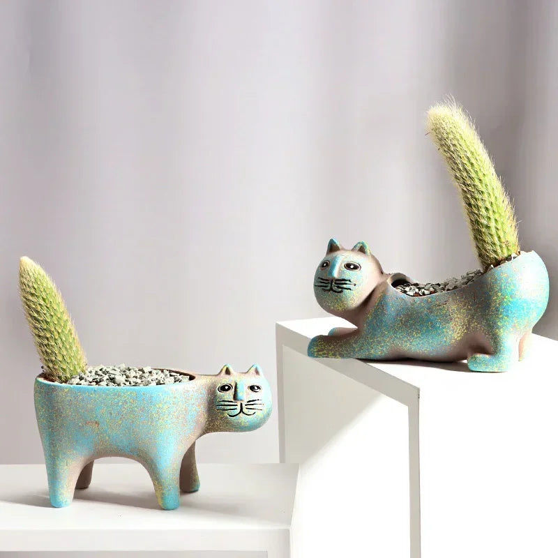 Axyaa Cat Ceramic Flower Pot for Indoor Succulents – Cute Animal Planter