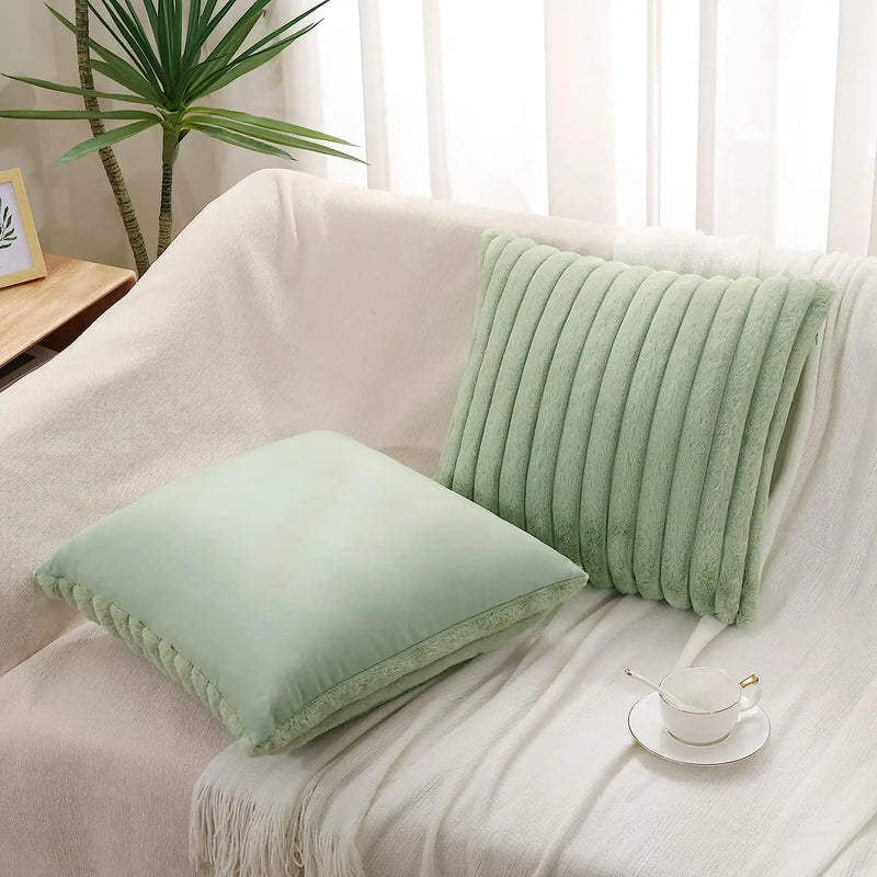Axyaa White Green Rabbit Hair Cushion Cover Set - Modern Luxury Sofa Pillows