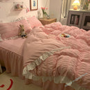 Axyaa Pink Grey Ruffled Seersucker Duvet Set with Bed Skirt & Pillowcases