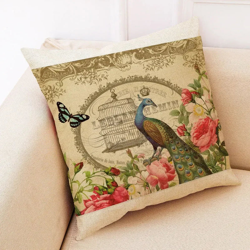 Axyaa Retro Flower Bird Linen Pillowcase Car Seat Cushion Cover Living Room Sofa
